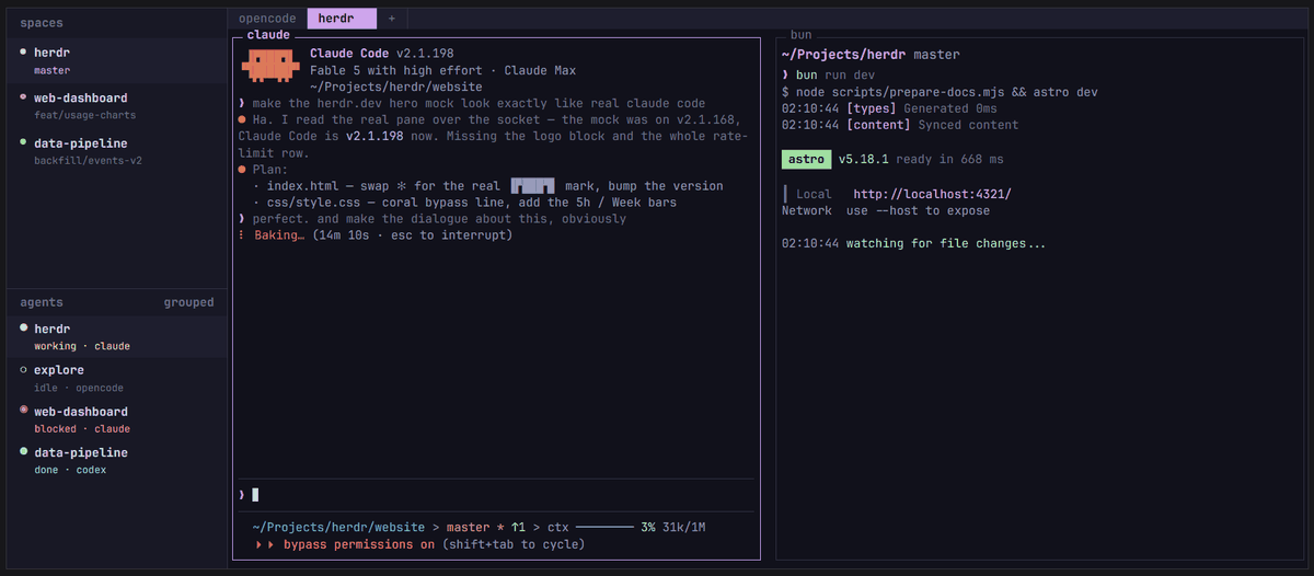 Screenshot antarmuka Herdr dengan sidebar workspace, pane Claude Code, dan pane development server